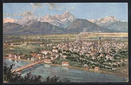 AK Rosenheim, Ortspanorama mit Blick auf Wendelstein