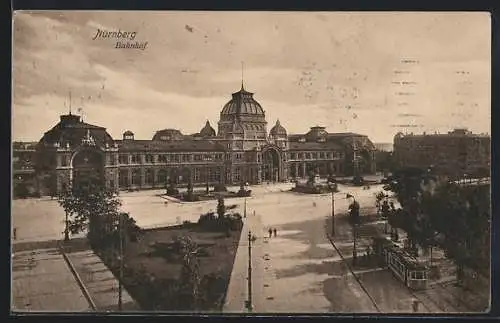 AK Nürnberg, Bahnhof mit Strassenbahn