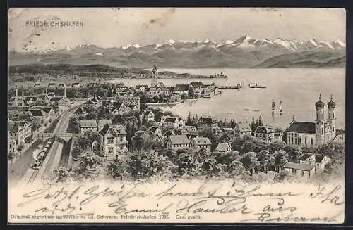 AK Friedrichshafen, Ortsansicht mit Bodensee u. Alpen aus der Vogelschau