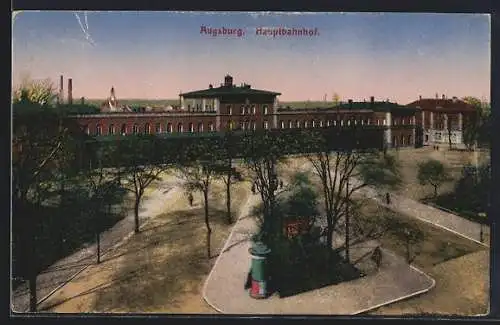 AK Augsburg, Hauptbahnhof und Litfasssäule