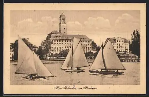 AK Bad Schachen /Bodensee, Panorama vom Wasser mit Segelbooten