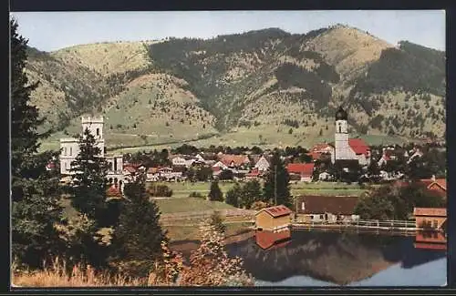 AK Oberammergau, Weiherbad mit Blick gegen den Aufacker