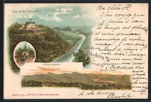 Lithographie Petersberg a. Rh., Hotel auf dem Petersberg, Aussicht auf das Siebengebirge, Ortspartie