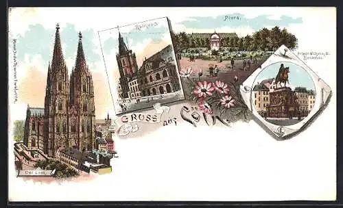 Lithographie Köln, der Dom, Rathaus, Friedr.Wilhelm III Denkmal