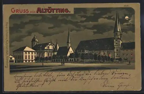 Mondschein-Lithographie Altötting, Partie an der Kirche