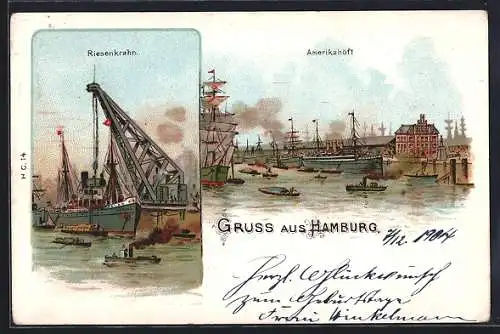 Lithographie Hamburg, Amerikahöft und Riesenkrahn