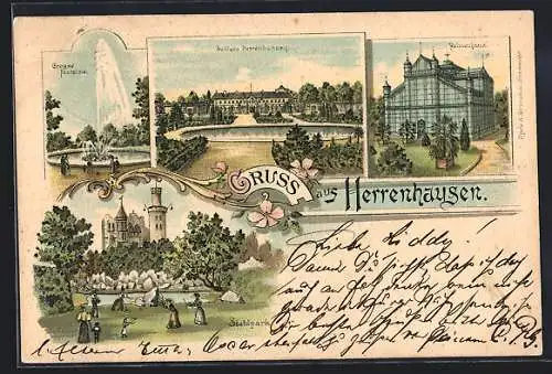 Lithographie Herrenhausen, Stadtpark, Schloss, Palmenhaus und grosse Fontäne