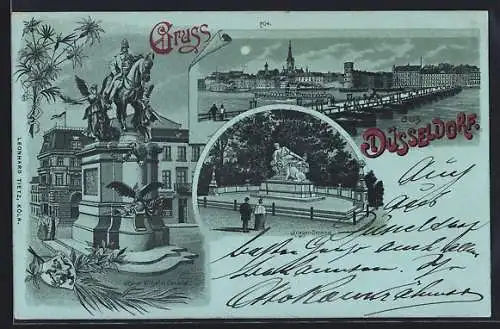 Mondschein-Lithographie Düsseldorf, Krieger-Denkmal, Kaiser Wilhelm-Denkmal und Panorama