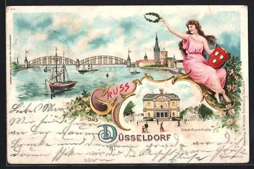 Lithographie Düsseldorf, Städtische Kunsthalle, Flusspartie mit Brücke