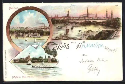 Lithographie Hamburg-Uhlenhorst, Fährhaus Uhlenhorst, Alsterlust, Alster mit Dampfer, Ruderer auf der Alster um 1900