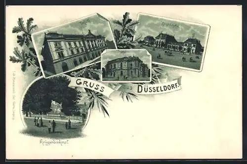 Lithographie Düsseldorf, Kriegerdenkmal, Tonhalle, Theater und Hauptbahnhof