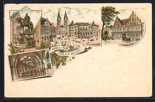 Lithographie Bremen, Gewerbehaus, Rathaus, Dom und Börse, Kaiser Wilhelm I.-Denkmal, Ratskeller