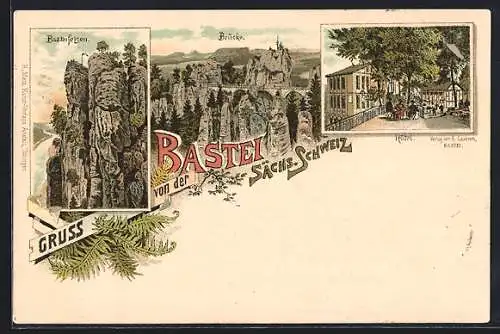 Vorläufer-Lithographie Bastei /Sächs. Schweiz, 1895, Hotel, Basteifelsen und Brücke