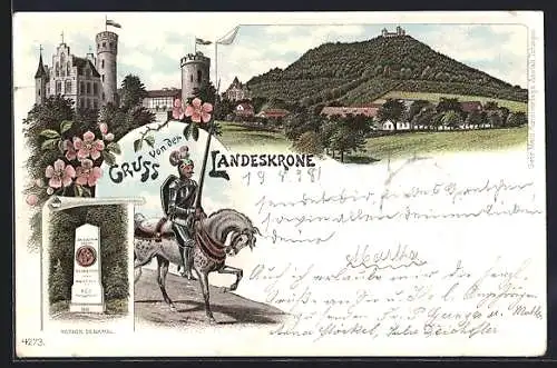 Lithographie Görlitz, Gasthaus Landeskrone, Körner Denkmal und Reiter