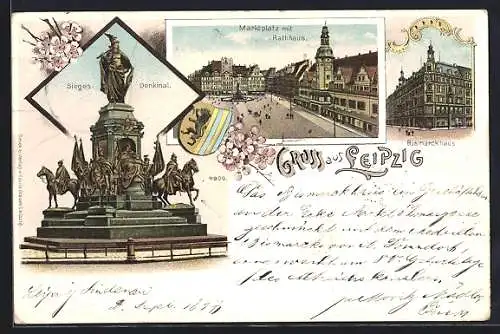 Lithographie Leipzig, Marktplatz mit Rathaus, Sieges-Denkmal und Bismarckhaus