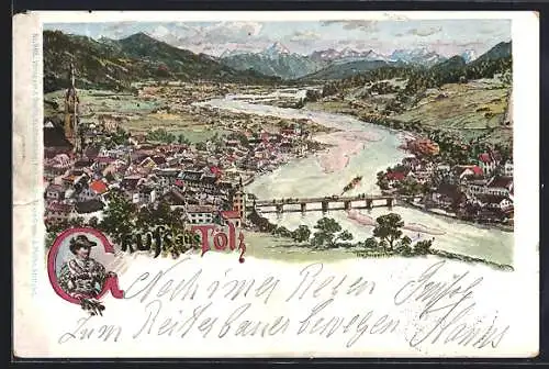 Lithographie Tölz, Blick auf die Stadt mit Brücke