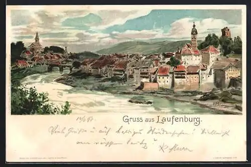 Künstler-AK C.Biese: Laufenburg, Panorama des Ortes mit Brücke und Kirche