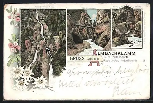 Lithographie Almbachklamm b. Berchtesgaden, Sulzer Wasserfall, Tunnelbrücke, Hohe Brücke