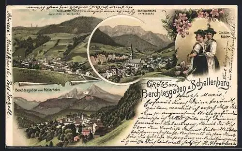 Lithographie Berchtesgaden, Blick vom Malerheim, Schnellenberg mit Mahlweg und Götschen