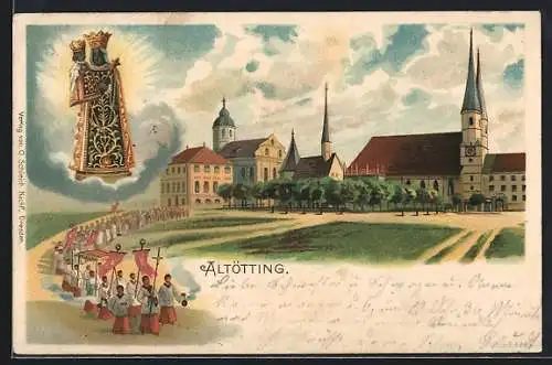 Künstler-AK Altötting, Prozession vor Kirche