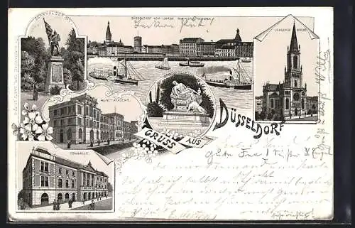 Lithographie Düsseldorf, Johanniskirche, Tonhalle und Kriegerdenkmal