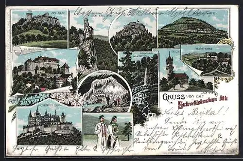 Lithographie Hechingen, Lichtenstein, Neuffen, Nebelhöhle, Hohenzollern, Tübinger Schloss, Uracher Wasserfall