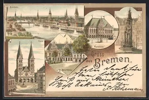 Lithographie Bremen, Rathhaus, Dom und Gewerbehaus