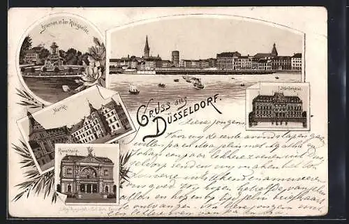 Lithographie Düsseldorf, Kunsthalle, Brunnen in der Königsallee, Markt, Ständehaus, Totalansicht