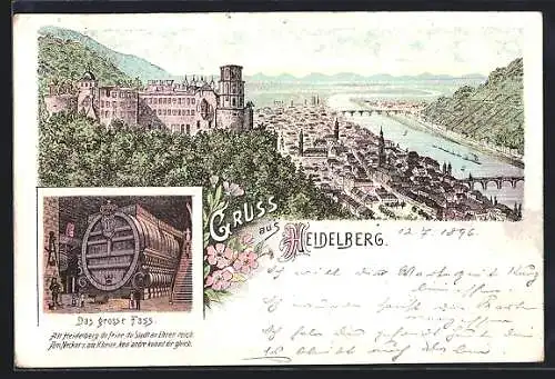 Lithographie Heidelberg, Panorama mit Stadt und Schloss, Grosses Fass im Schloss