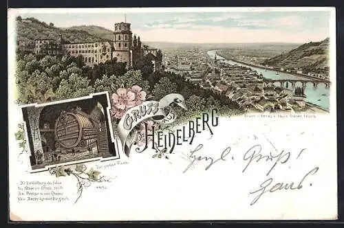 Lithographie Heidelberg, Schloss und das grosse Fass