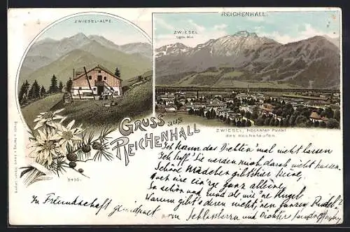 Lithographie Reichenhall, Zwiesel-Alpe, Totalansicht mit Zwiesel