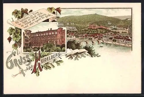 Lithographie Heidelberg, Burg, Ortsansicht mit Neckar, Alt Heidelberg du feine...