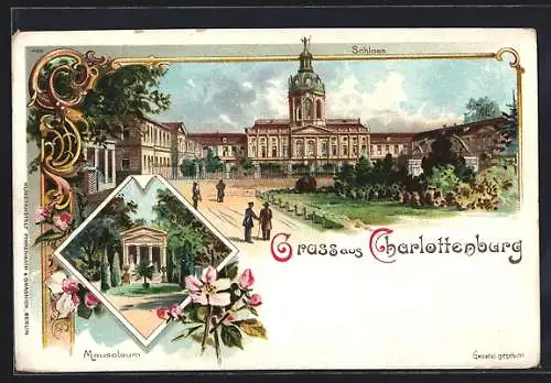 Lithographie Berlin-Charlottenburg, Blick auf Schloss und Mausoleum