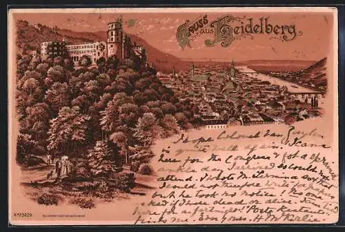 Lithographie Heidelberg, Teilansicht mit Burg