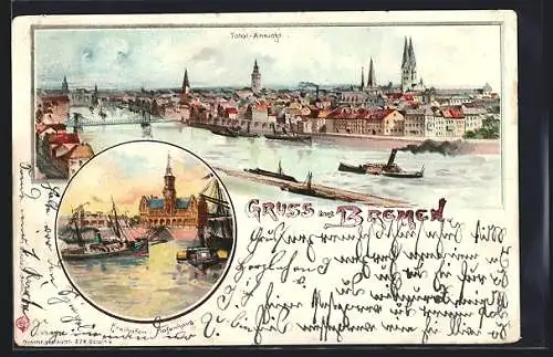 Lithographie Bremen, Freihafen mit Hafenhaus, Totalansicht, Dampfer in Fahrt