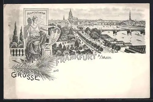 Lithographie Frankfurt /Main, Panoramablick auf die Stadt, Francofurtia