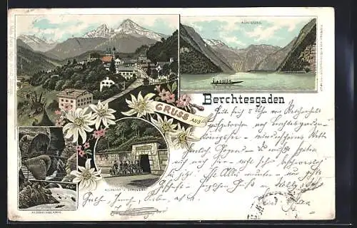 Lithographie Berchtesgaden, Panorama, Ausfahrt vom Bergwerk & Almbachklamm