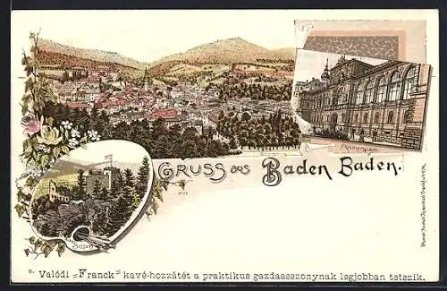 Lithographie Baden-Baden, Totalansicht, Friedrichsbad, Altes Schloss