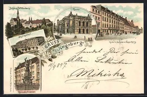 Lithographie Augsburg, Hotel z. Mohren und Figgerhaus, Justizpalast, Theater und Schloss Wöllenburg