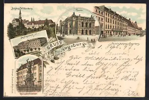 Lithographie Augsburg, Hotel z. Mohren, Fuggerhaus, Theater und Herculesbrunnen