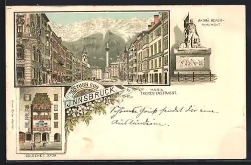 Lithographie Innsbruck, Andrä Hofer-Monument, Goldenes Dach, Maria Theresien-Strasse