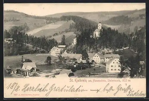 AK St. Kathrein am Hauenstein, Teilansicht mit Kirche und Panoramablick auf die Landschaft