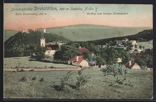 AK Dreistätten /N.-Oe., Gasthof zum lustigen Scherrerwirt und Ruine Starhemberg