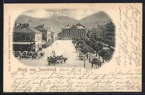 AK Innsbruck, Kutschen auf dem Bahnhofplatz