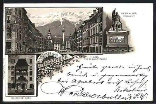 Lithographie Innsbruck, Maria Theresienstrasse, Andeä-Hofer Monument, Goldenes Dach