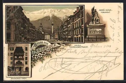 Lithographie Innsbruck, Blick in die Maria Theresienstrasse, Goldenes Dachl