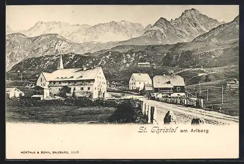 AK St. Christof am Arlberg, Ortspartie mit Berglandschaft