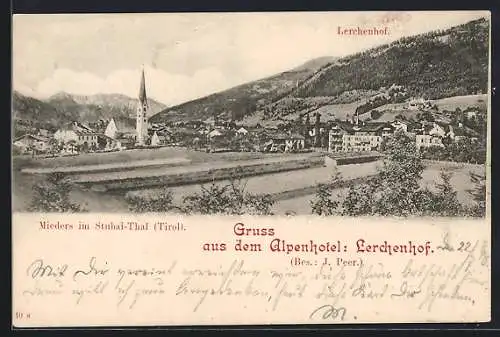 AK Mieders im Stubai-Tal, Ortsansicht mit Alpenhotel Lerchenhof, Bes. J. Peer