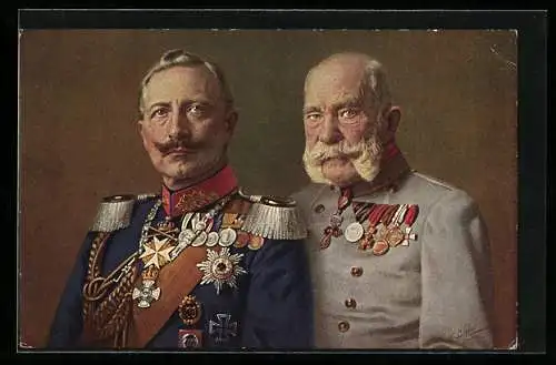 AK Zweibund, Portrait von Kaiser Wilhelm II. und Kaiser Franz Josef I. von Österreich in Uniform mit Orden