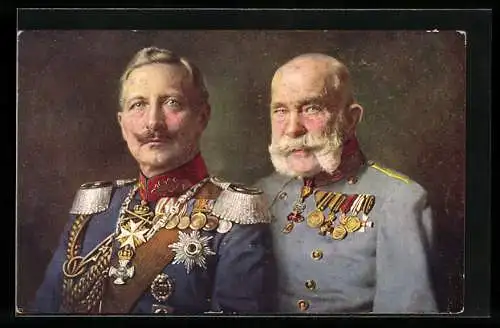 AK Kaiser Franz Josef I. von Österreich in Uniform mit Kaiser Wilhelm II. mit Orden in Treue vereint, Rotes Kreuz